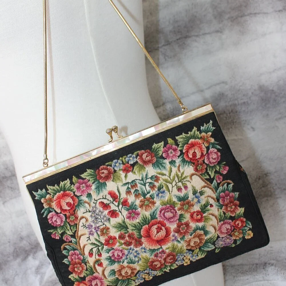 Vintage Style Petite Needlepoint Point Embroidery Handbag Gold Strap Purse